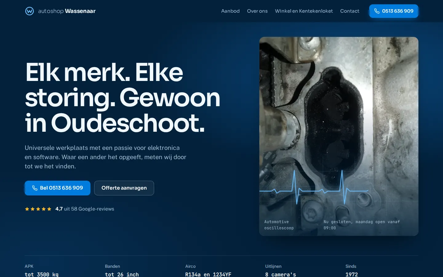 Voorbeeld van richting B: donkerblauwe pagina met een motorfoto en een oscilloscooplijn