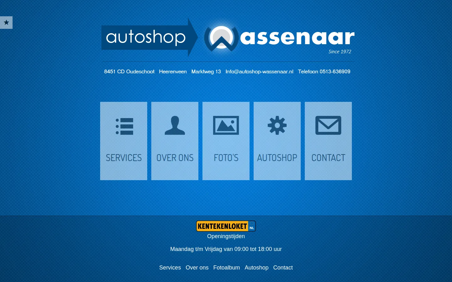 Huidige homepage van Autoshop Wassenaar op een laptop: blauw scherm met logo en vijf tegels